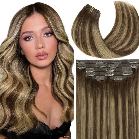 14” Brown & Blonde 4/26 Ultra Seamless PU Clip In Human Hair Extensions 110g HA2 - Picture 1 of 15